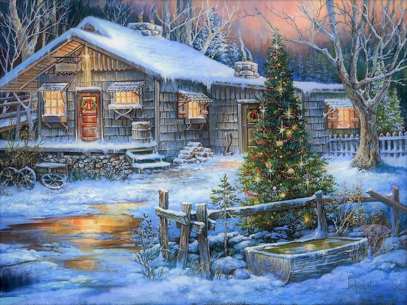 country christmas wallpaper,winter,snow,log cabin,home,natural landscape