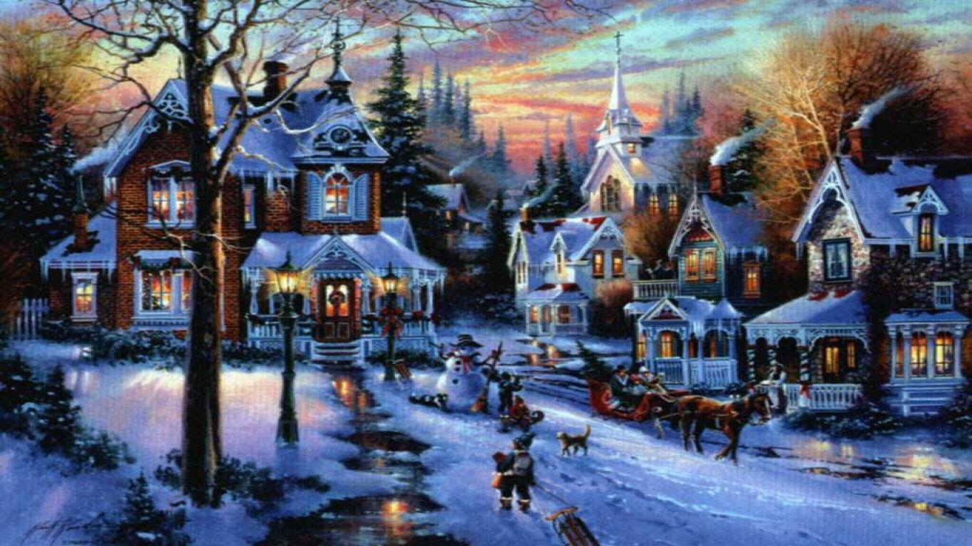 クリスマスの村の壁紙,冬,町,ペインティング,水彩絵の具,雪
