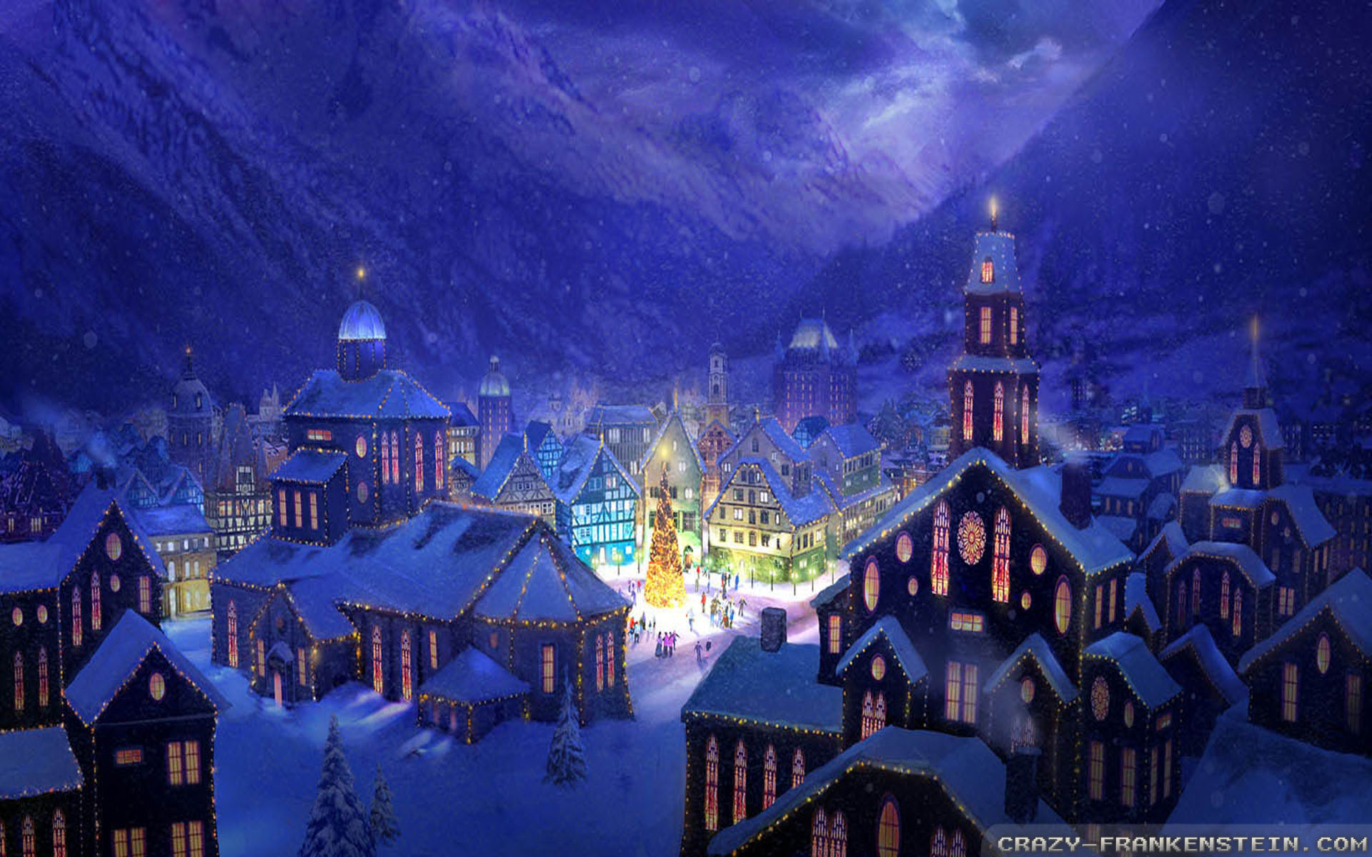 pueblo de navidad fondo de pantalla,pueblo,invierno,cielo,noche,nochebuena