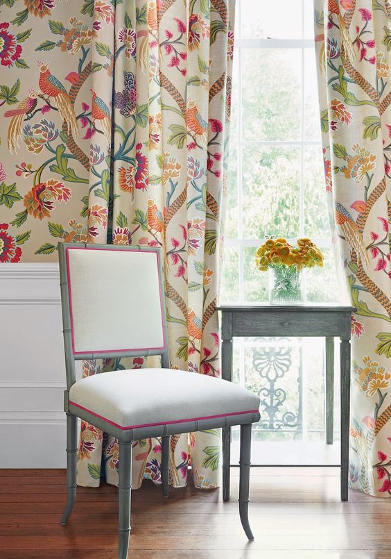 wallpaper with matching fabric,curtain,interior design,window treatment,furniture,wallpaper
