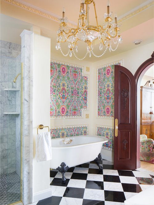 bold pattern wallpaper,bathroom,room,tile,interior design,property