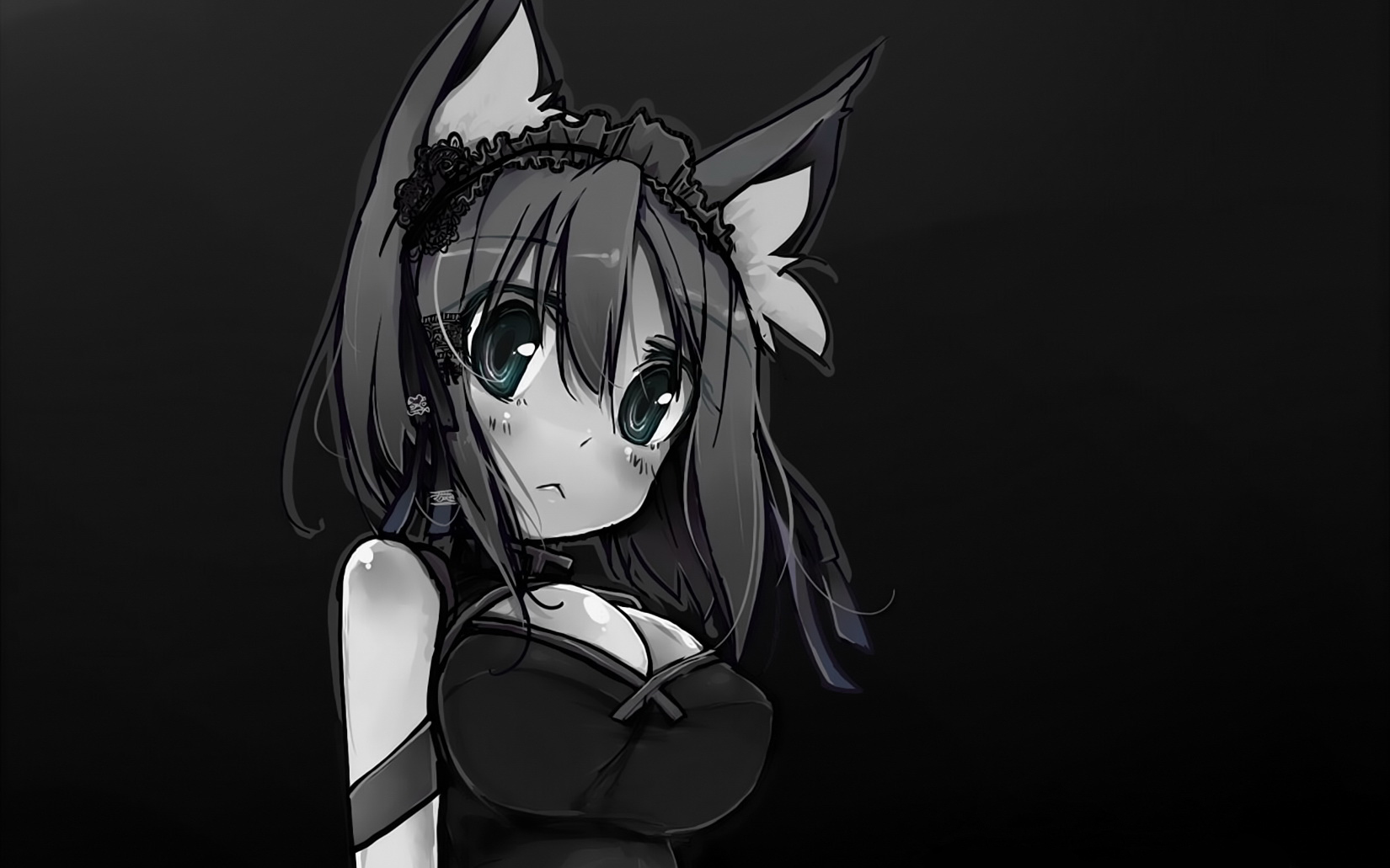 cat girl wallpaper,cartoon,monochrome,anime,audio equipment,black and white