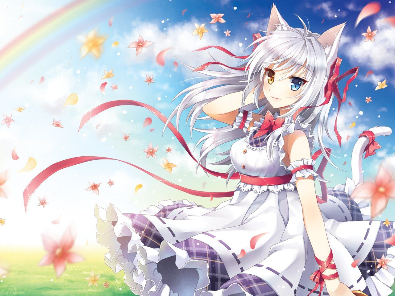 carta da parati ragazza gatto,anime,cartone animato,cg artwork,illustrazione,cielo