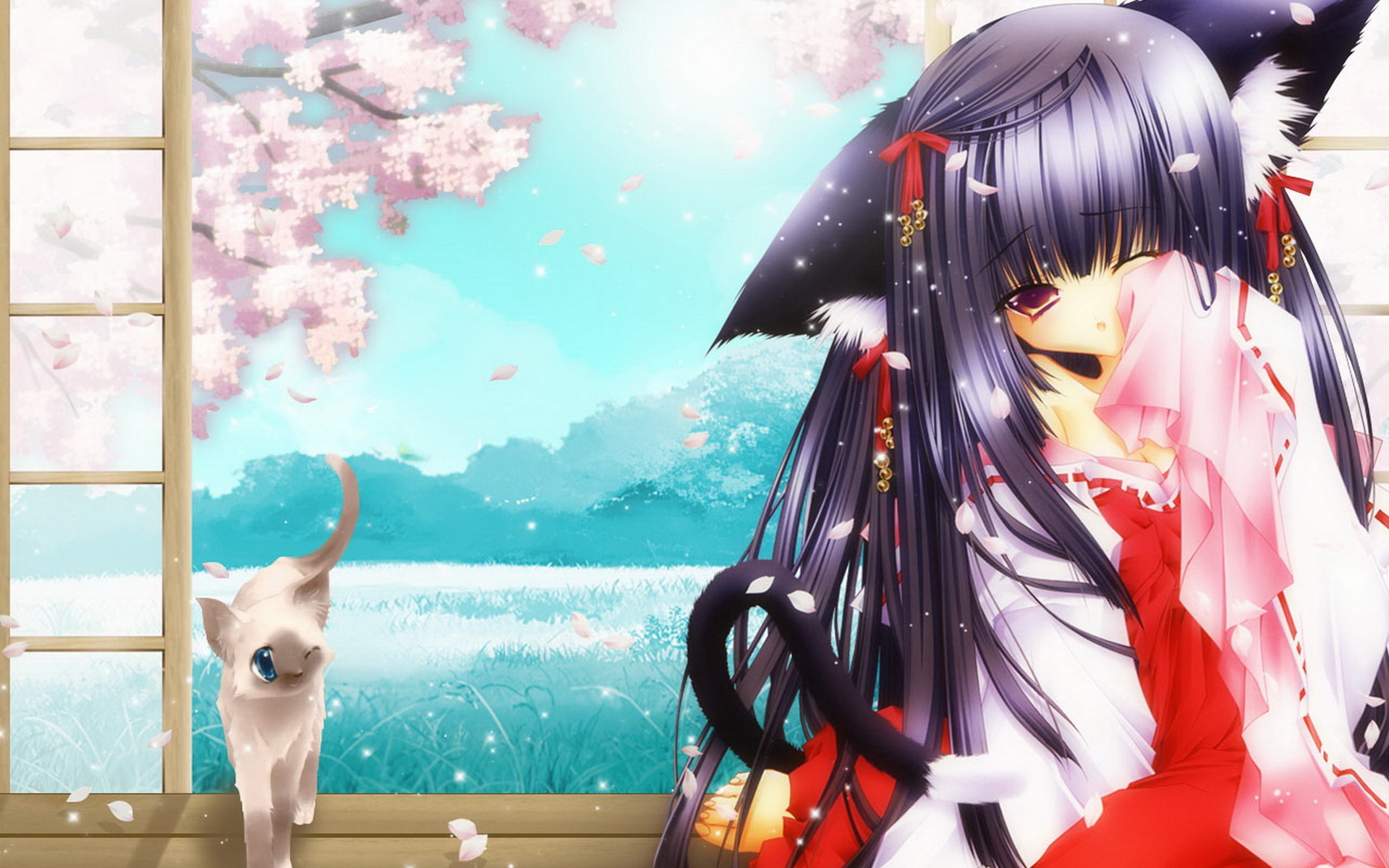 carta da parati ragazza gatto,anime,cg artwork,cartone animato,illustrazione,taglio hime