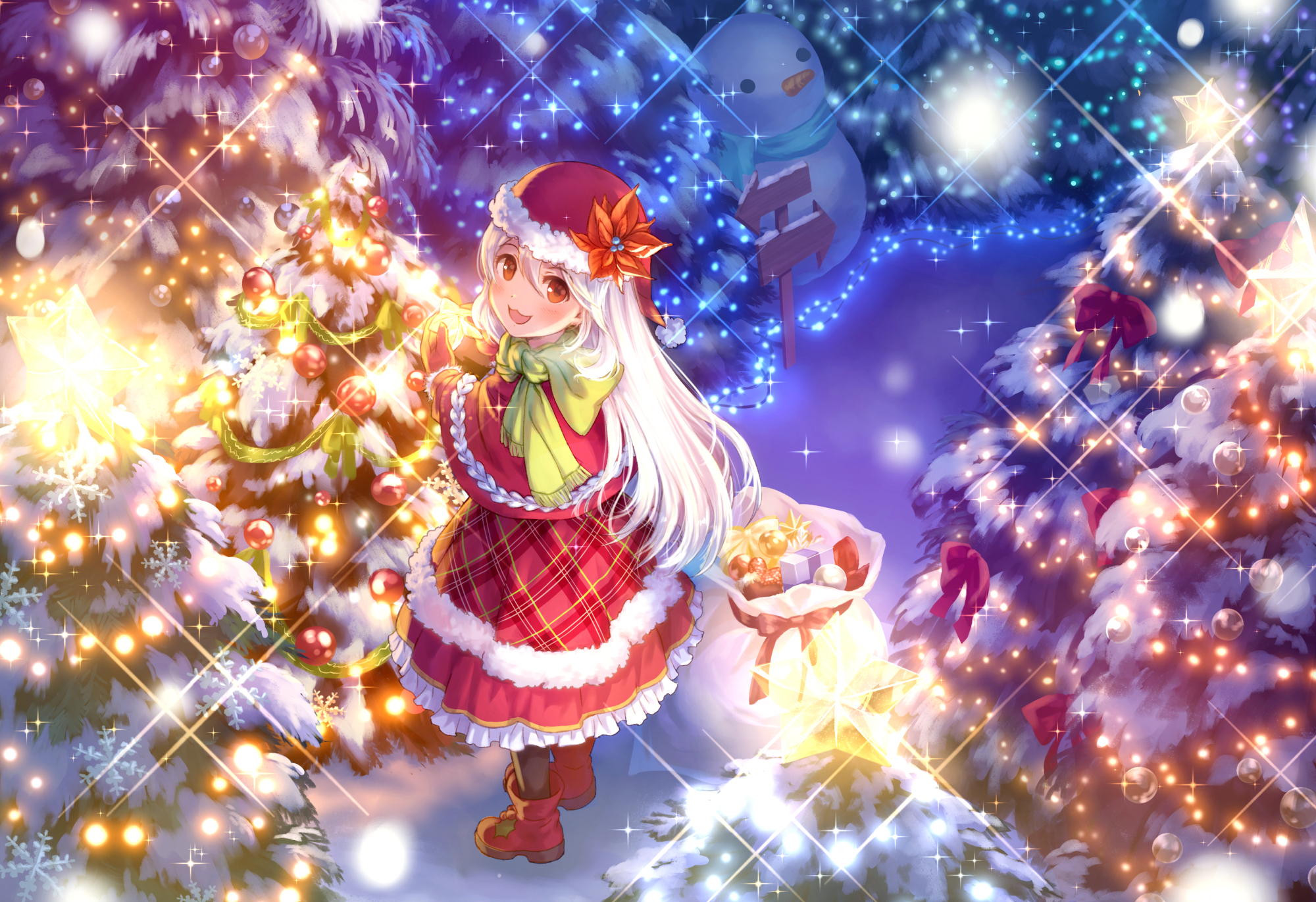 fond d'écran navidad anime,anime,lumière,ciel,oeuvre de cg,arbre