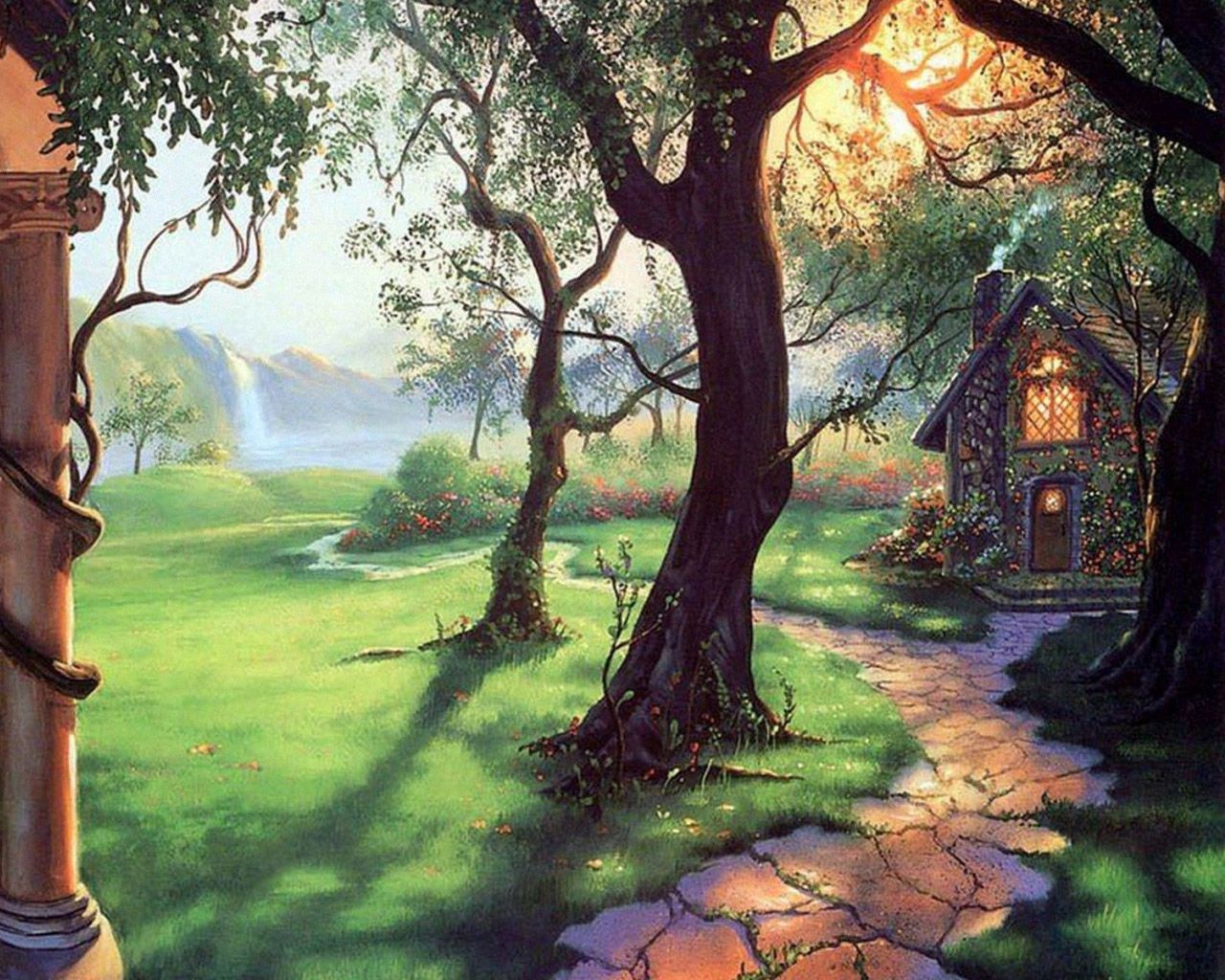 妖精の森の壁紙,自然の風景,自然,木,ペインティング,木本