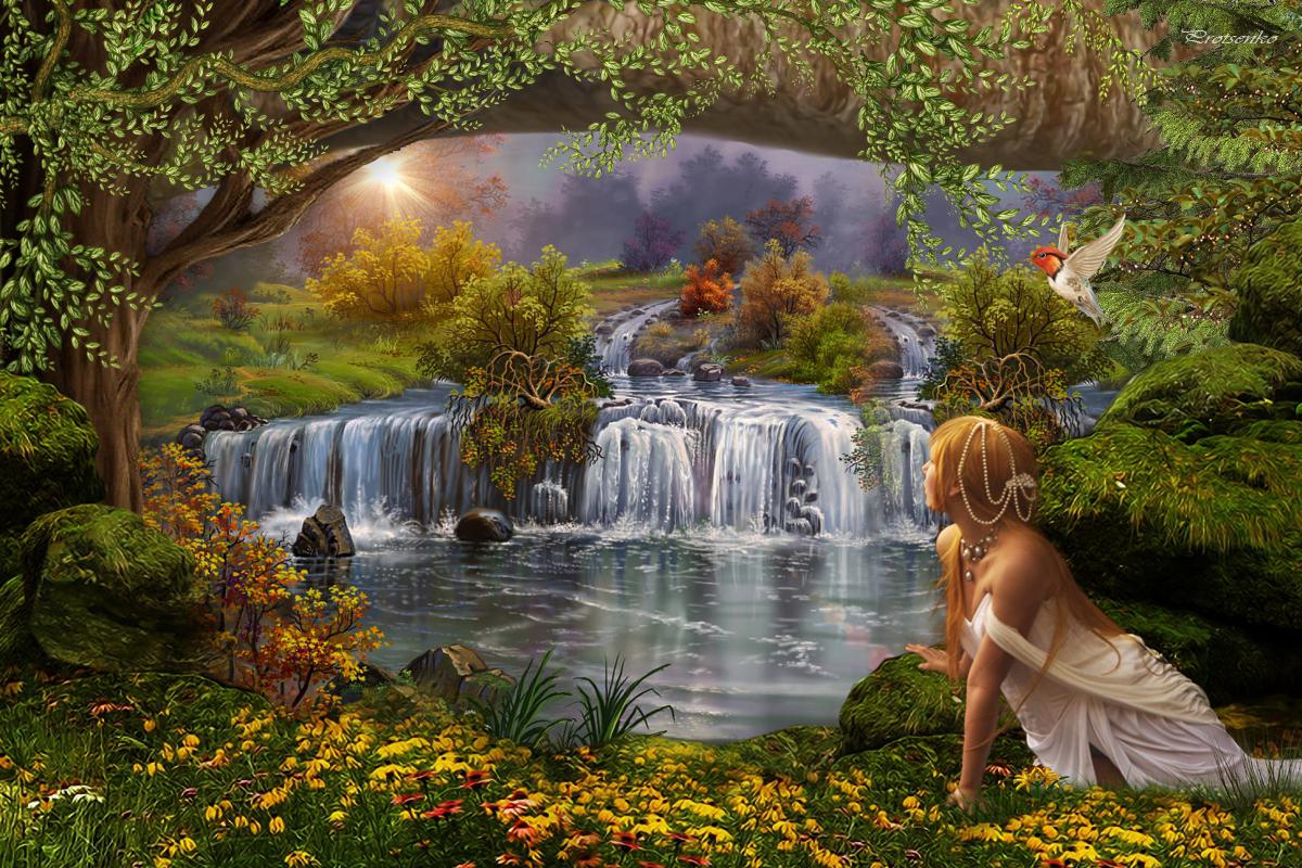 fairy forest wallpaper,natural landscape,body of water,nature,waterfall,water