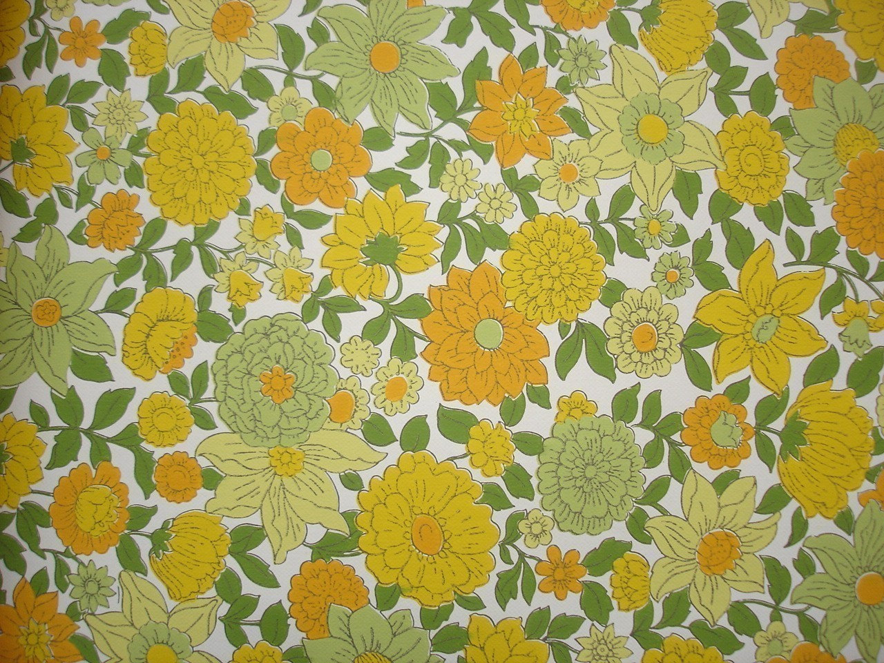 녹색 복고풍 벽지,무늬,노랑,꽃,직물,식물