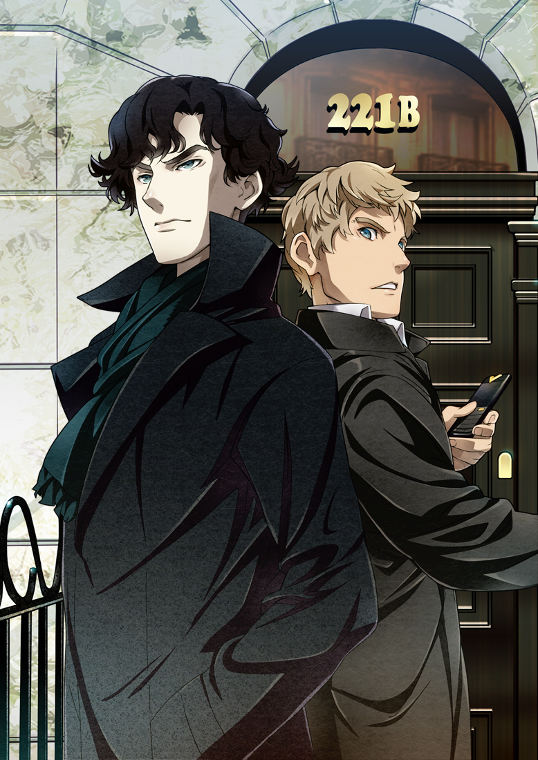 sherlock holmes fondo de pantalla bbc,anime,dibujos animados,cabello negro,personaje de ficción,obra de arte