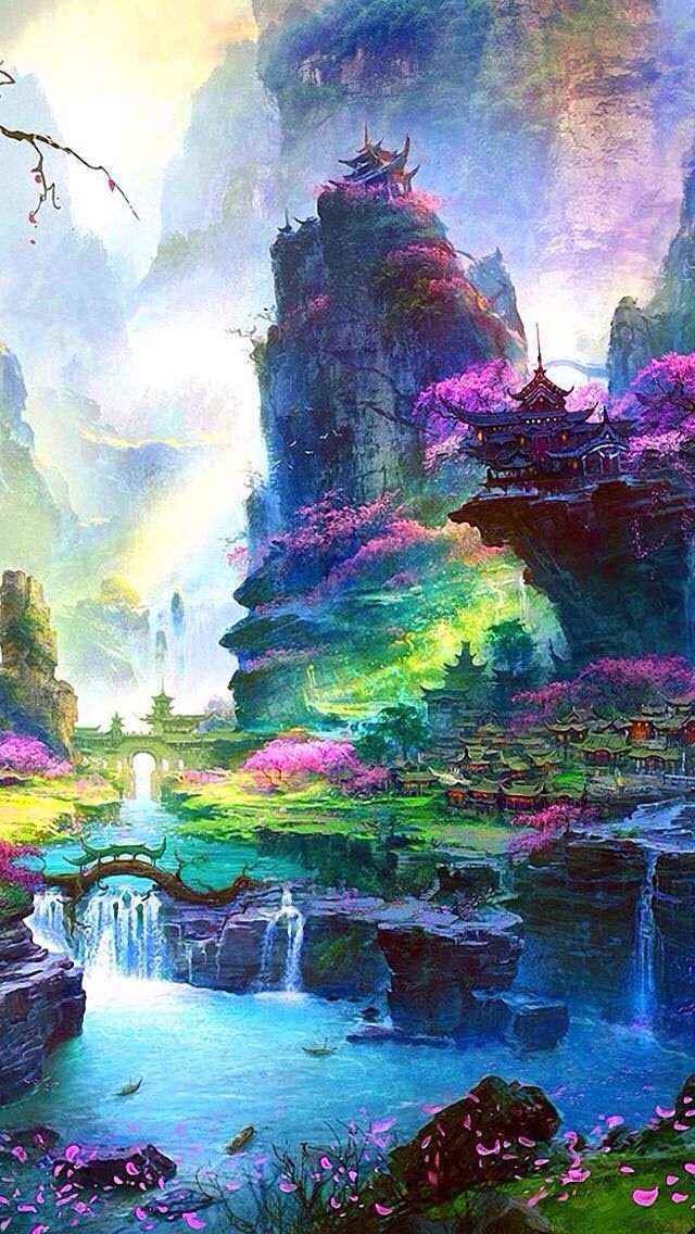 fantasy iphone wallpaper,nature,natural landscape,sky,watercolor paint,painting