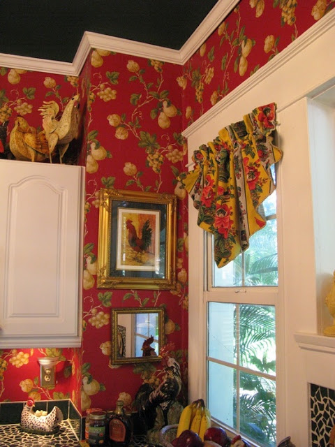 french country kitchen wallpaper,room,interior design,orange,window treatment,curtain