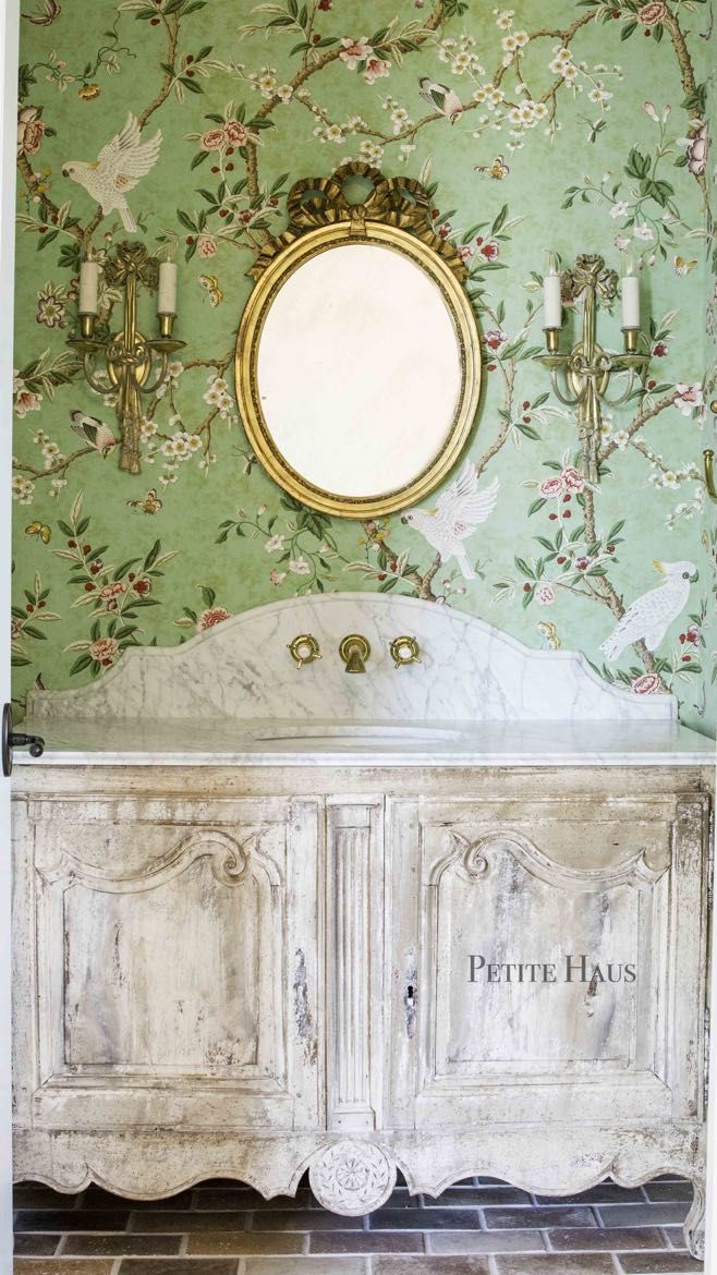french provincial wallpaper,green,room,mirror,wallpaper,bathroom