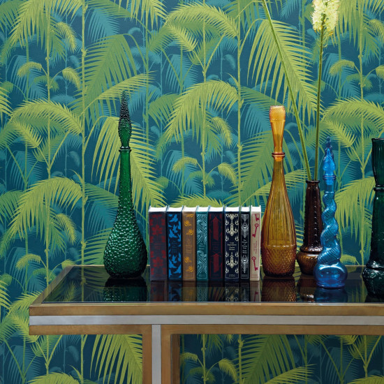 papier peint jungle royaume uni,bleu majorelle,vert,arbre,palmier,mur