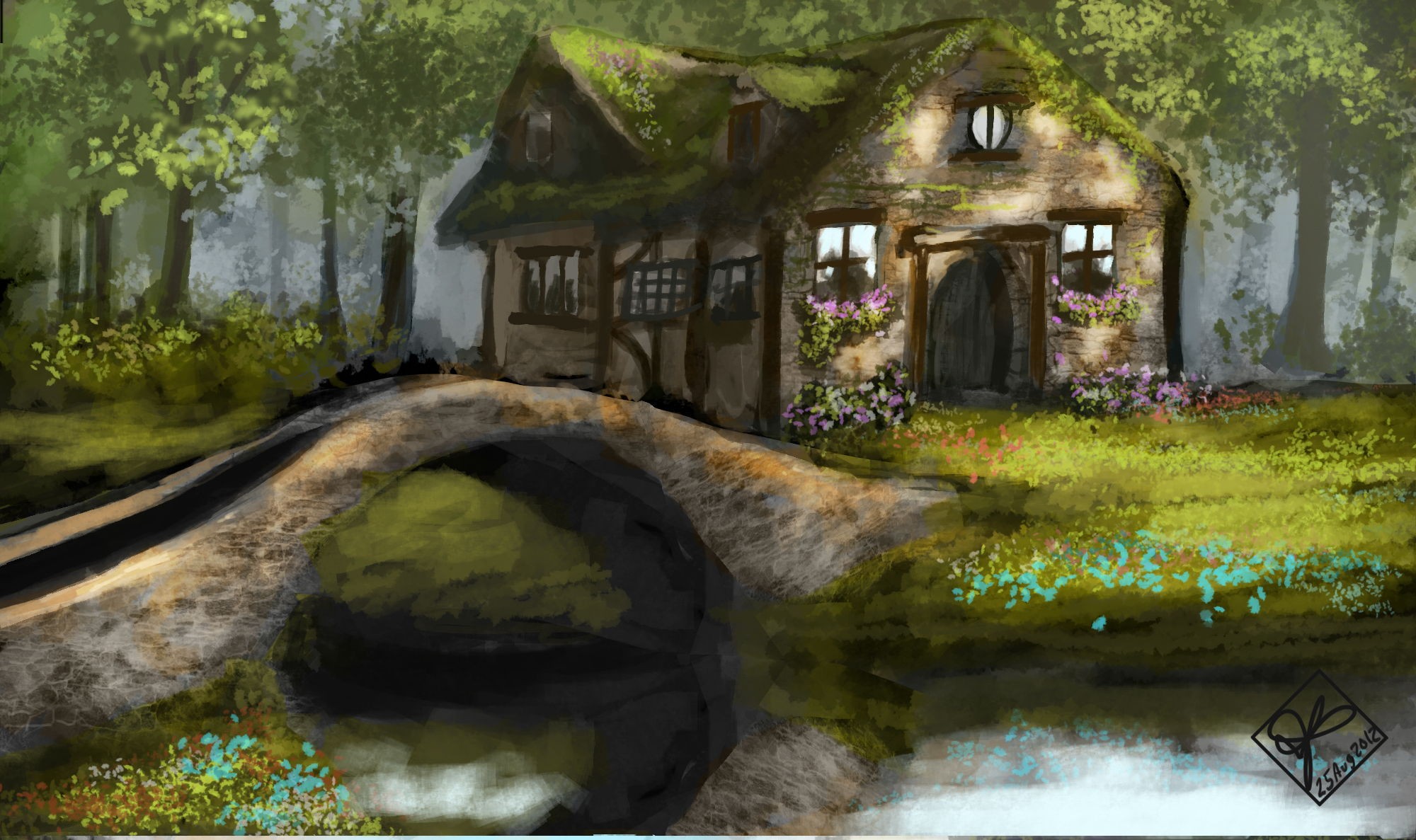 beautiful house wallpapers free download,natural landscape,nature,painting,watercolor paint,watercourse