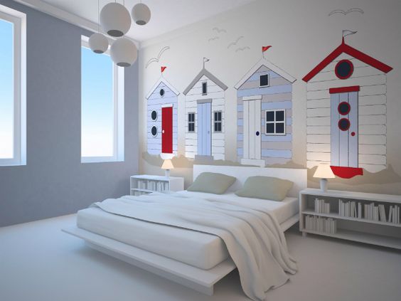 beach themed wallpaper uk,room,white,bedroom,interior design,property