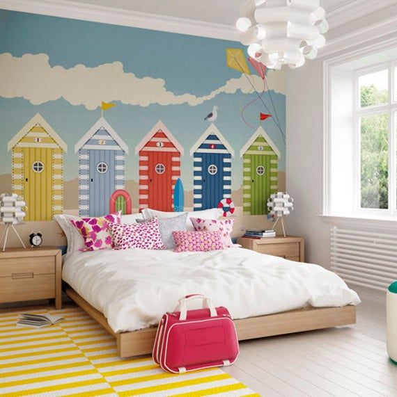 beach themed wallpaper uk,bedroom,room,furniture,wall,wallpaper
