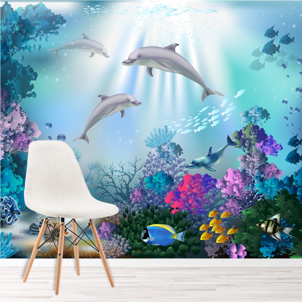 beach themed wallpaper uk,mural,wallpaper,underwater,dolphin,wall