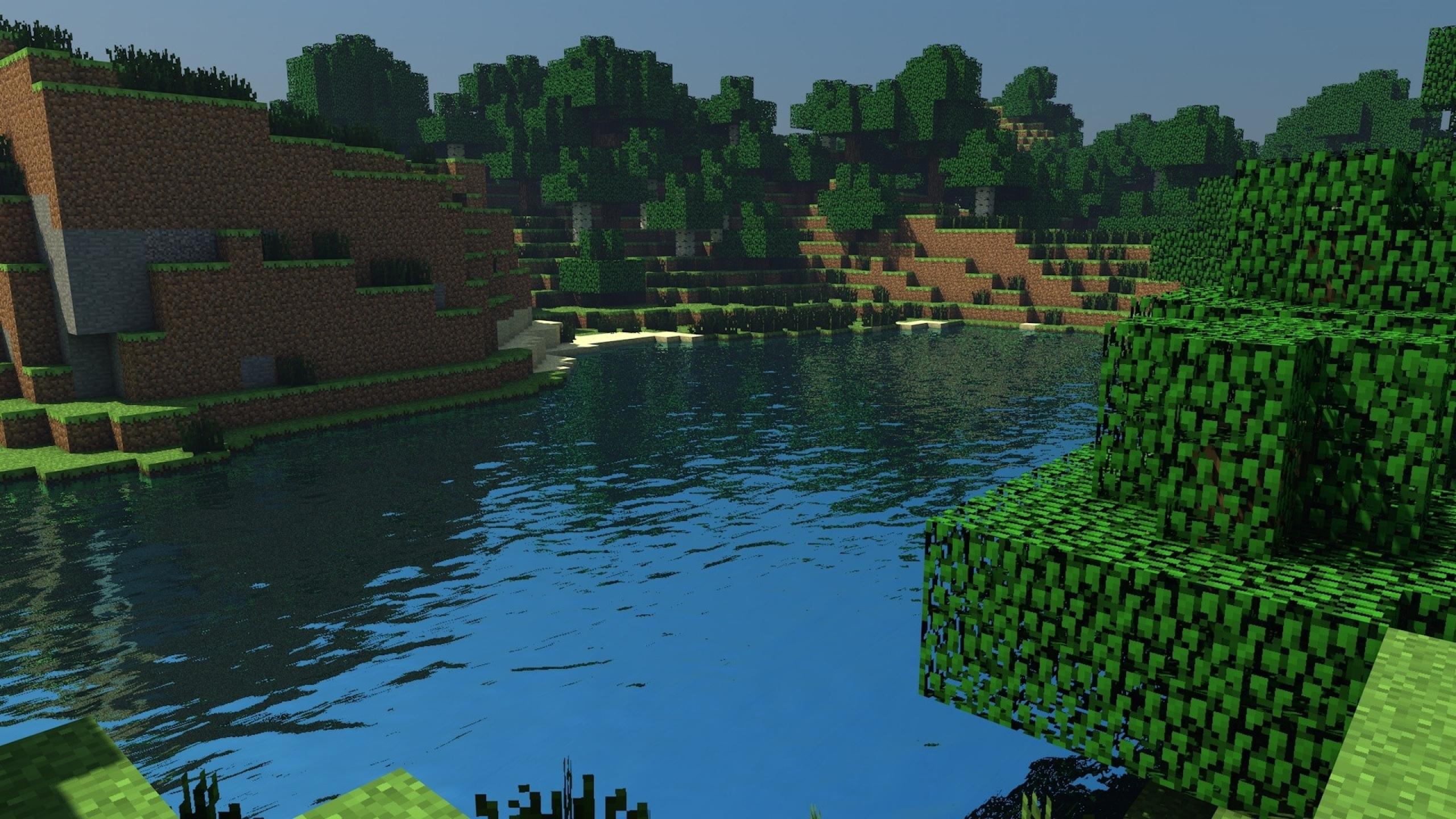 minecraft fondo de pantalla 2560x1440,agua,árbol,software de videojuegos,cielo,corriente de agua