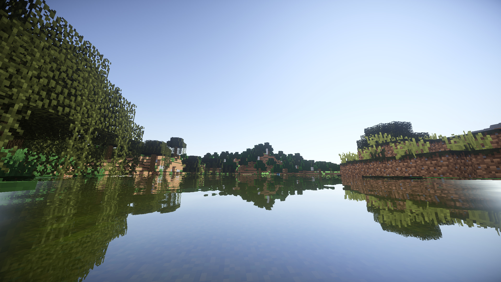 fond d'écran minecraft shaders,réflexion,plan d'eau,l'eau,voie navigable,la nature