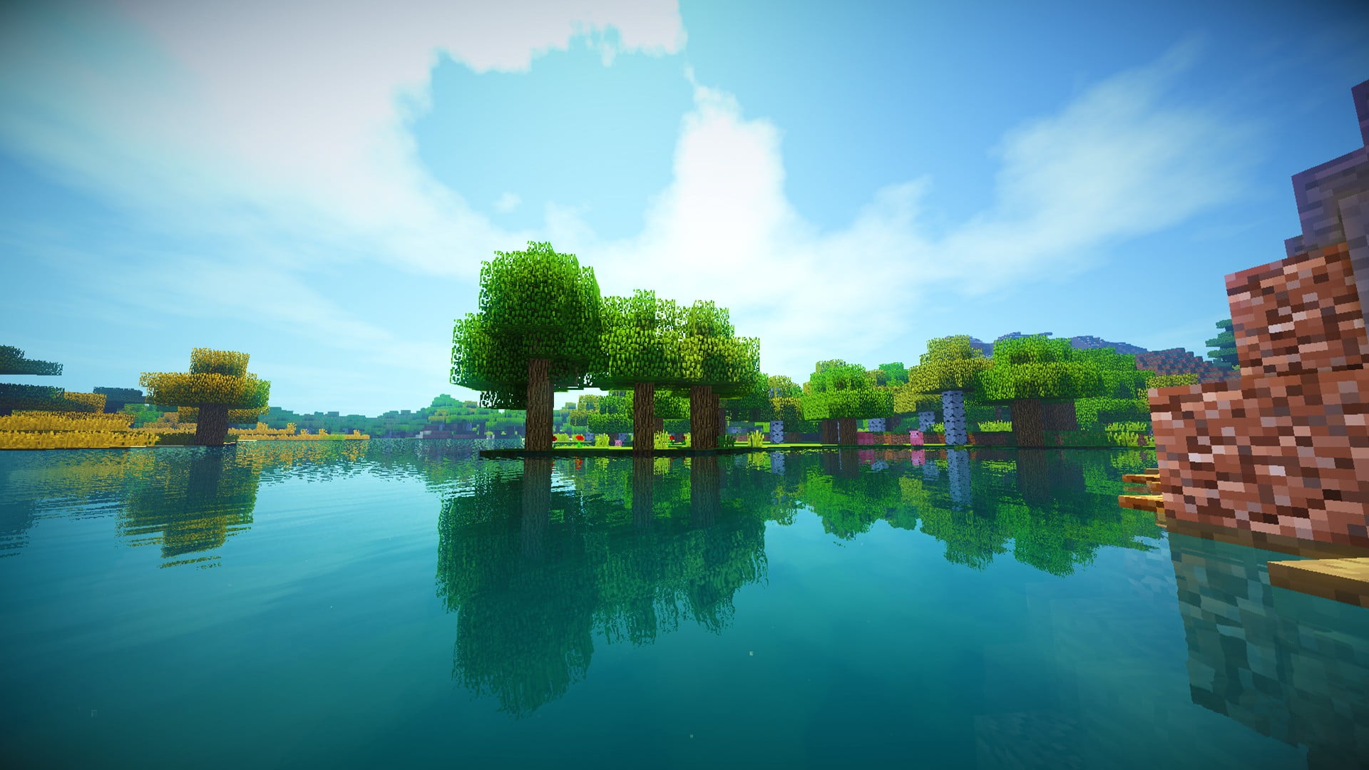 minecraft shaders wallpaper,reflection,nature,natural landscape,water,sky