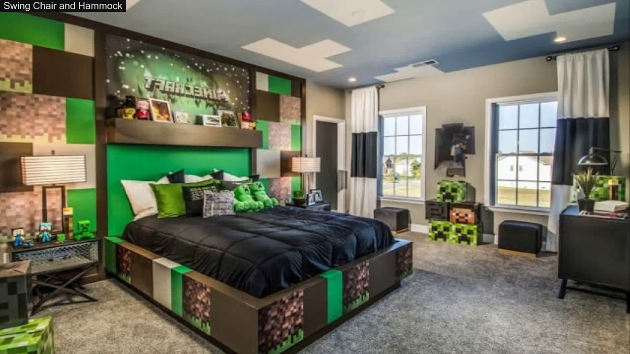 papier peint chambre minecraft,chambre,chambre,vert,meubles,design d'intérieur