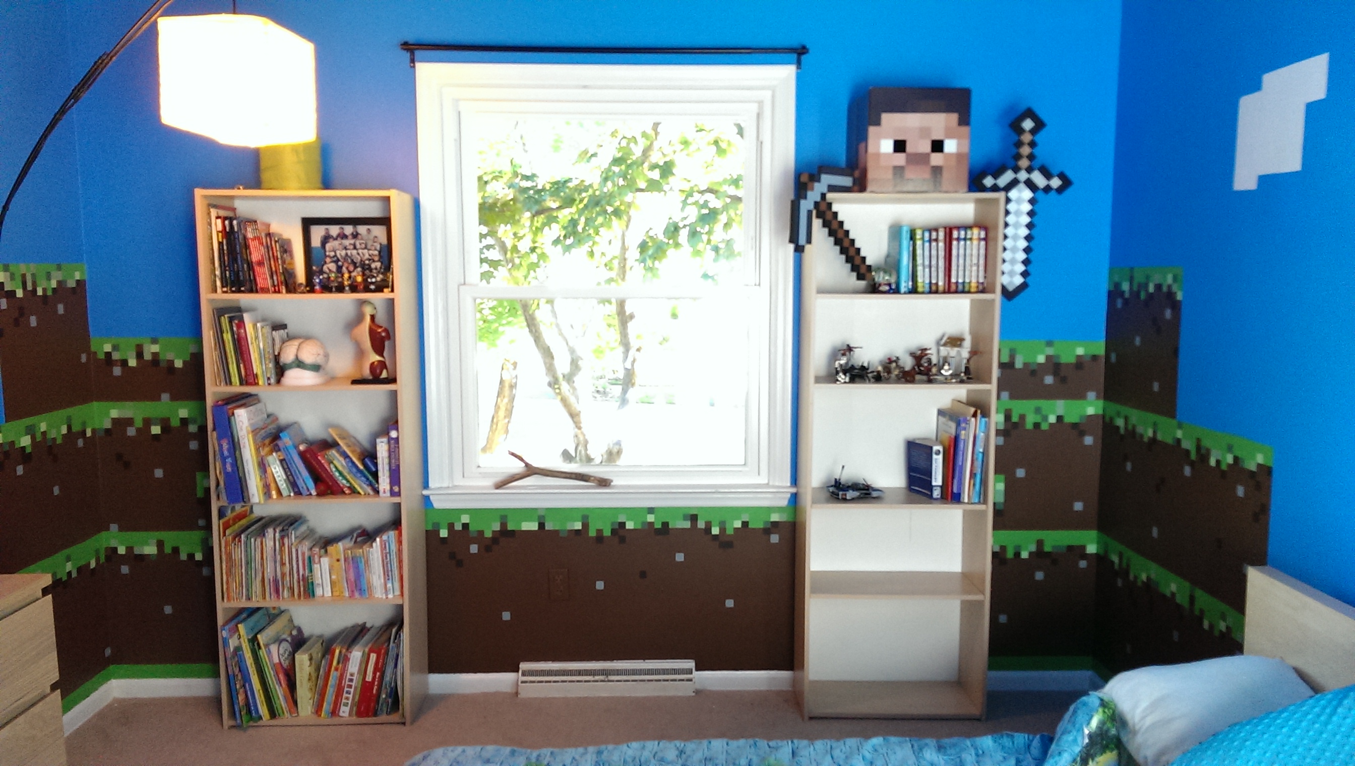 minecraft room wallpaper,room,furniture,shelf,shelving,living room