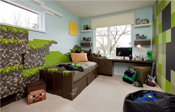 papier peint chambre minecraft,chambre,vert,propriété,design d'intérieur,meubles