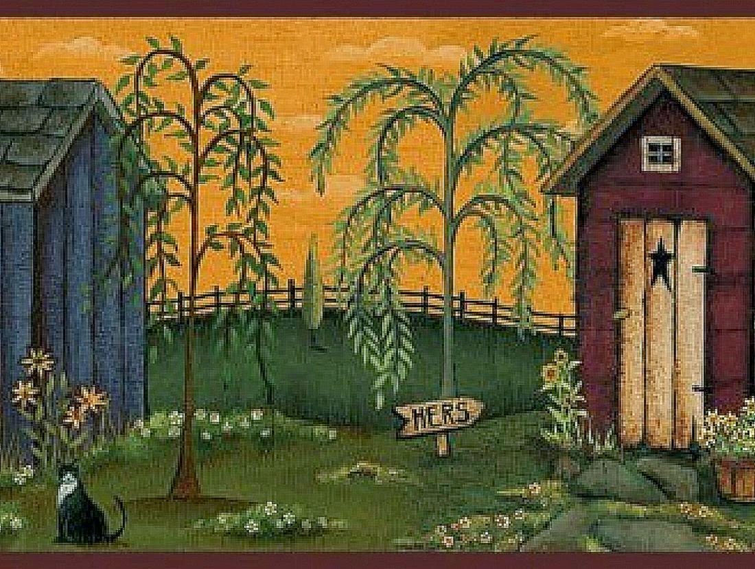 country primitive wallpaper,painting,outhouse,shed,art,tree