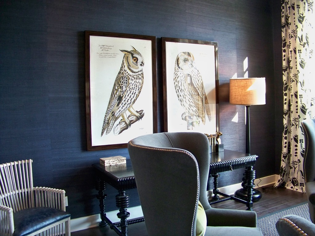 navy grasscloth wallpaper,interior design,room,living room,owl,furniture
