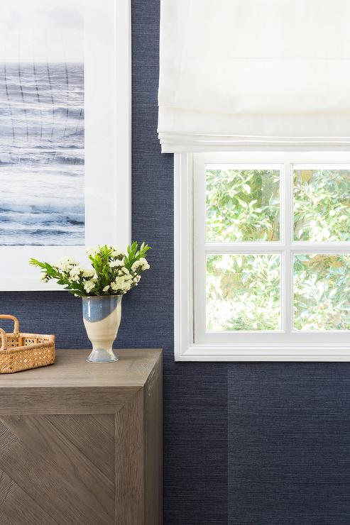 navy grasscloth wallpaper,white,window treatment,interior design,window covering,blue