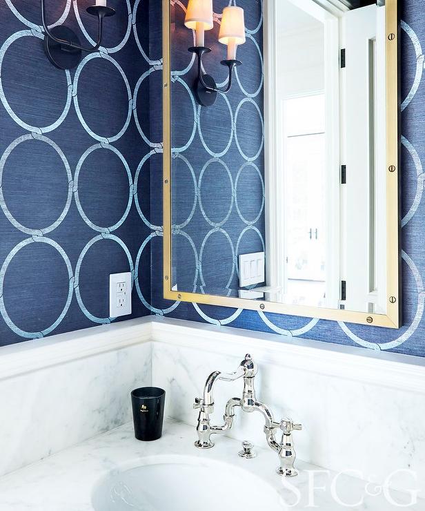 navy grasscloth wallpaper,bathroom,tile,blue,room,tap