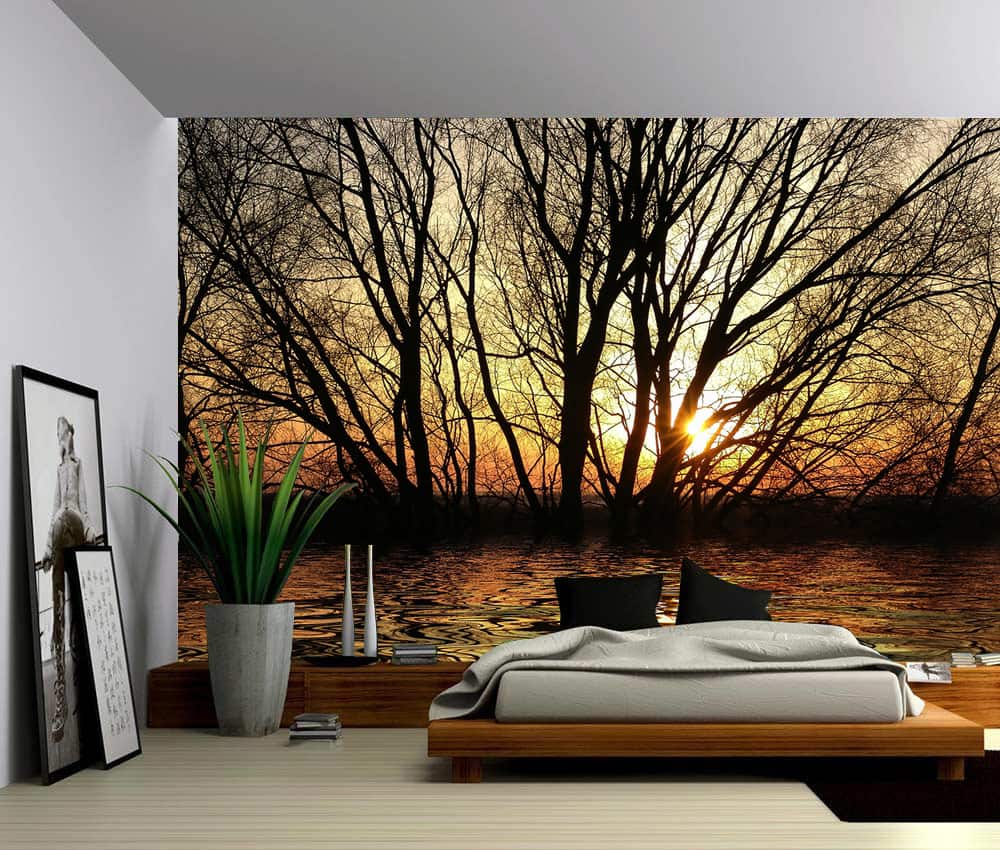 landscape wallpaper for walls,wall,room,tree,natural landscape,bedroom