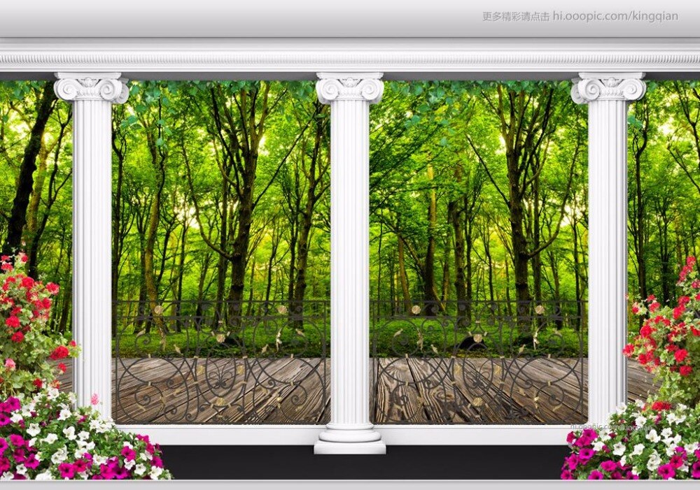 carta da parati con paesaggi per pareti,finestra,colonna,pianta,albero,fiore