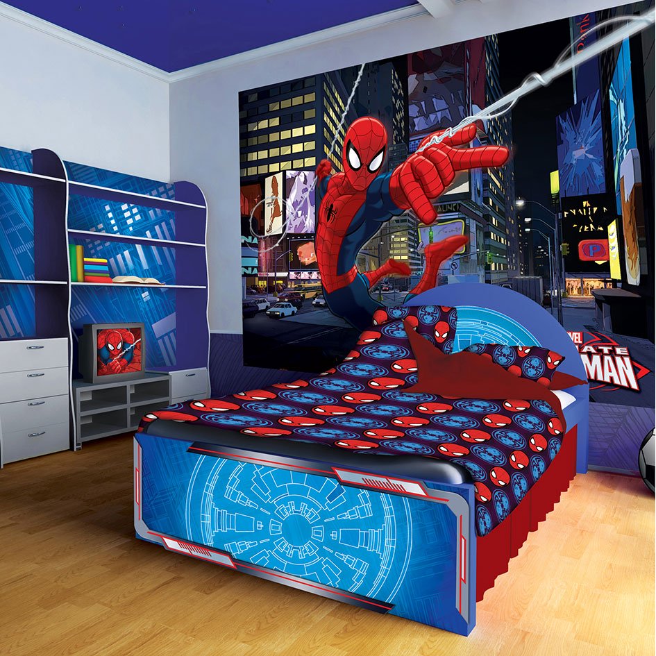 superhero wallpaper for bedroom,spider man,room,superhero,fictional character,bed sheet