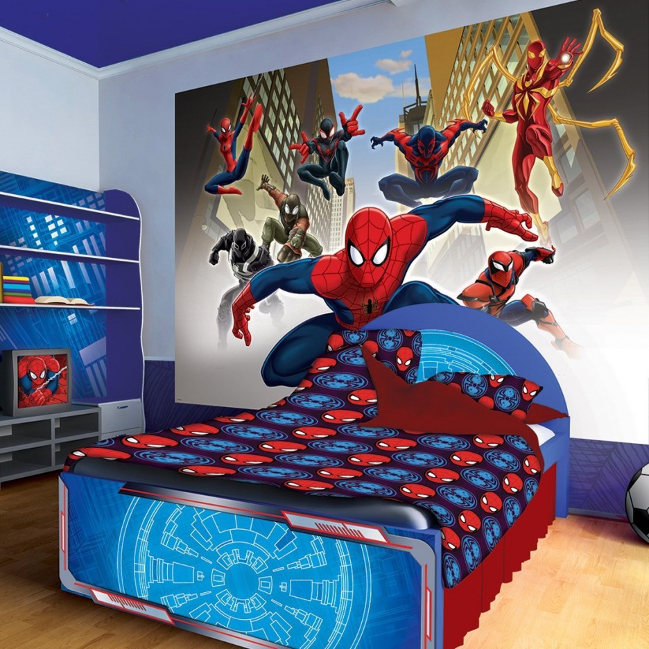 superhero wallpaper for bedroom,spider man,superhero,fictional character,room,bed sheet