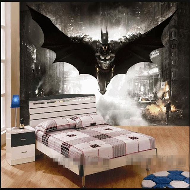superhero wallpaper for bedroom,batman,room,bedroom,furniture,bed