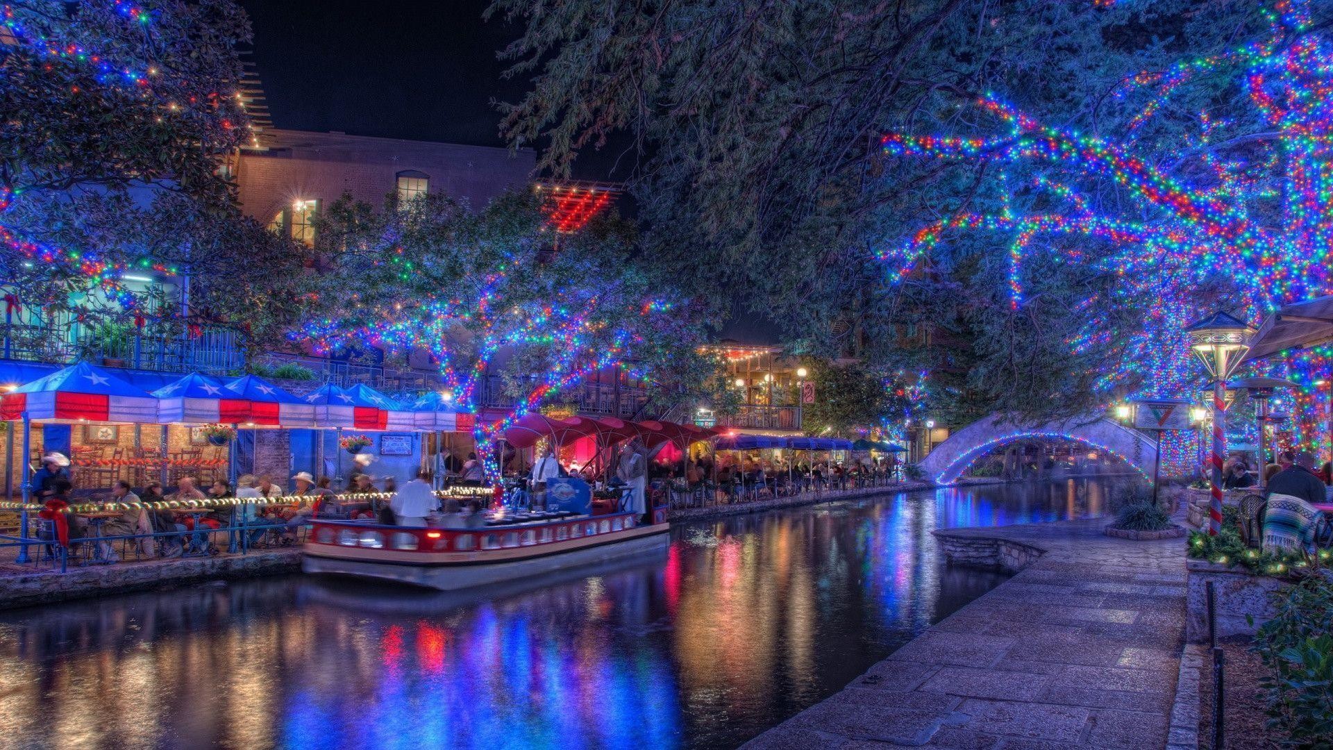 sfondi di natale hd widescreen,corso d'acqua,notte,illuminazione,riflessione,leggero