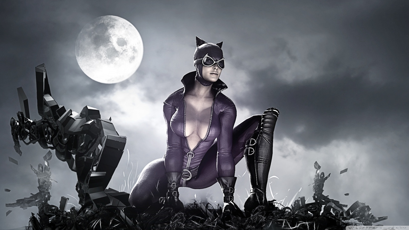 catwoman fond d'écran hd,homme chauve souris,personnage fictif,illustration,noir et blanc,compositing numérique
