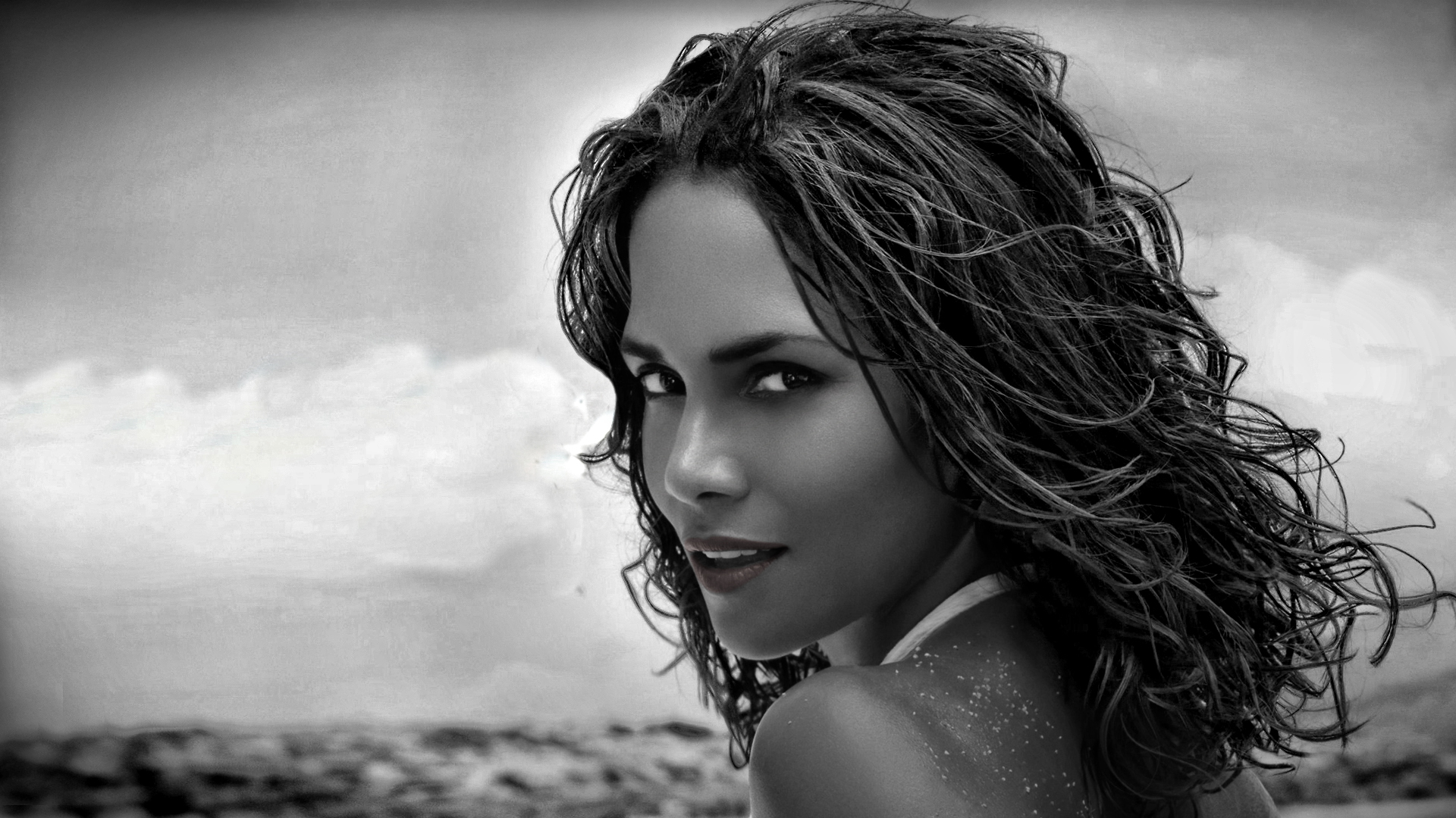 halle berry wallpaper,hair,photograph,face,black,black and white