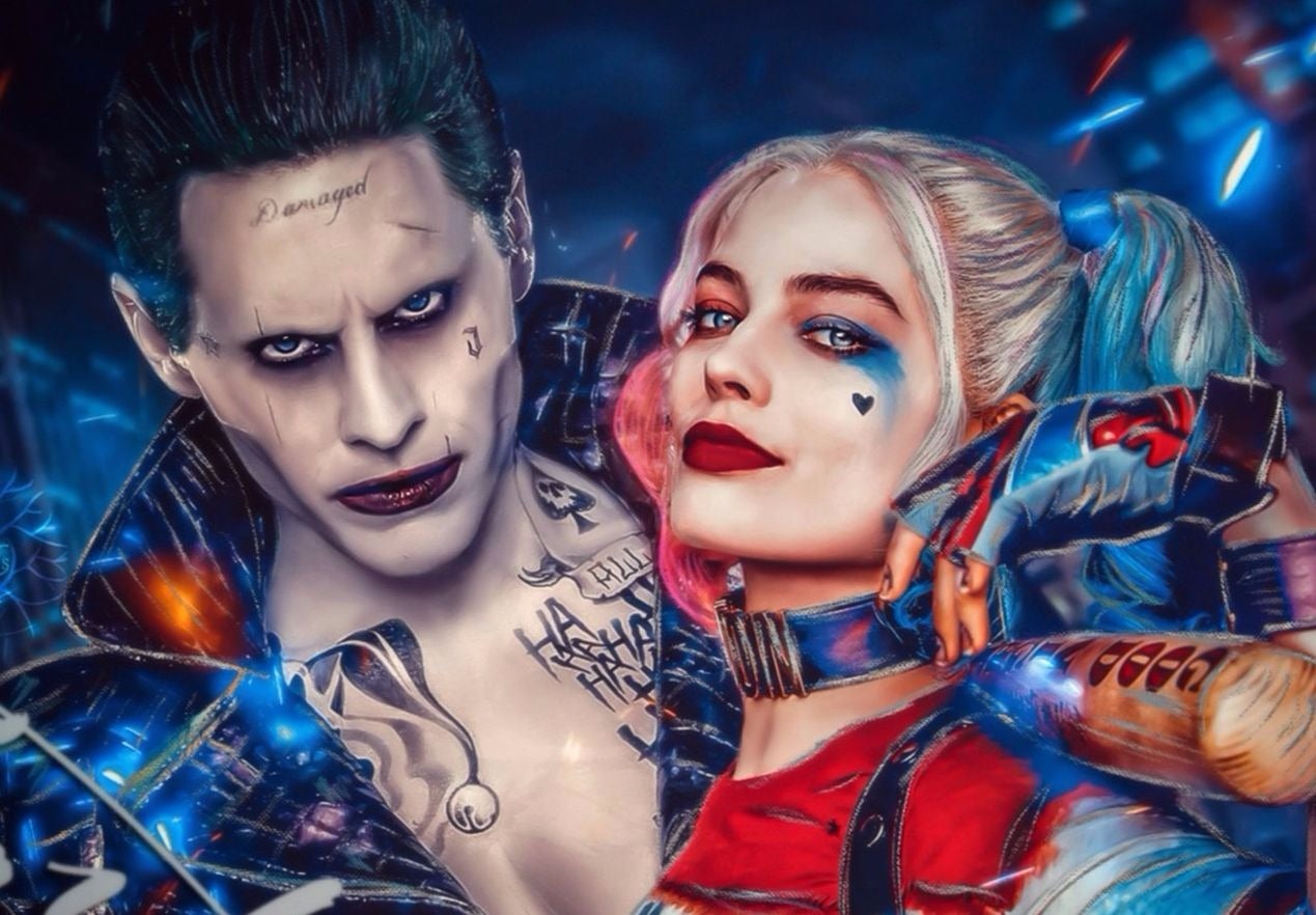 joker and harley quinn wallpapers,cg artwork,fictional character,black hair,space,photomontage