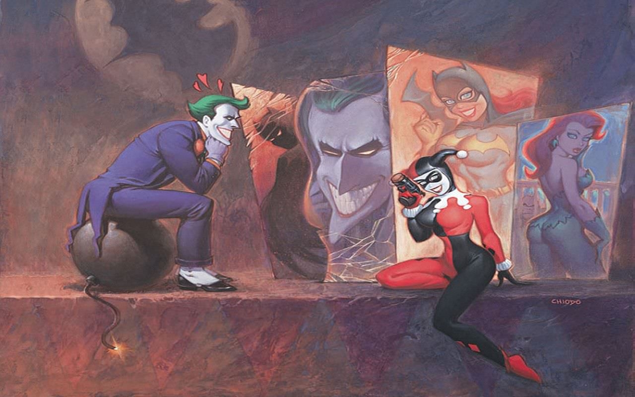 joker harley fondo de pantalla,dibujos animados,arte,ilustración,personaje de ficción,pintura