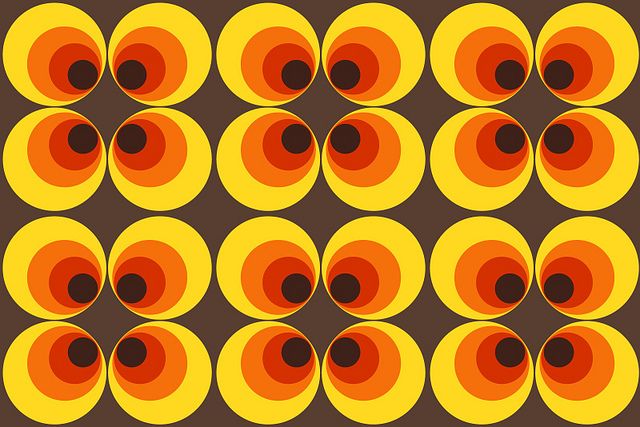 70 년대 복고풍 벽지,노랑,주황색,무늬,원,디자인