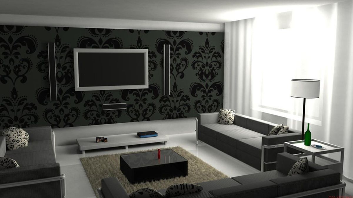 black modern wallpaper,living room,room,interior design,furniture,property