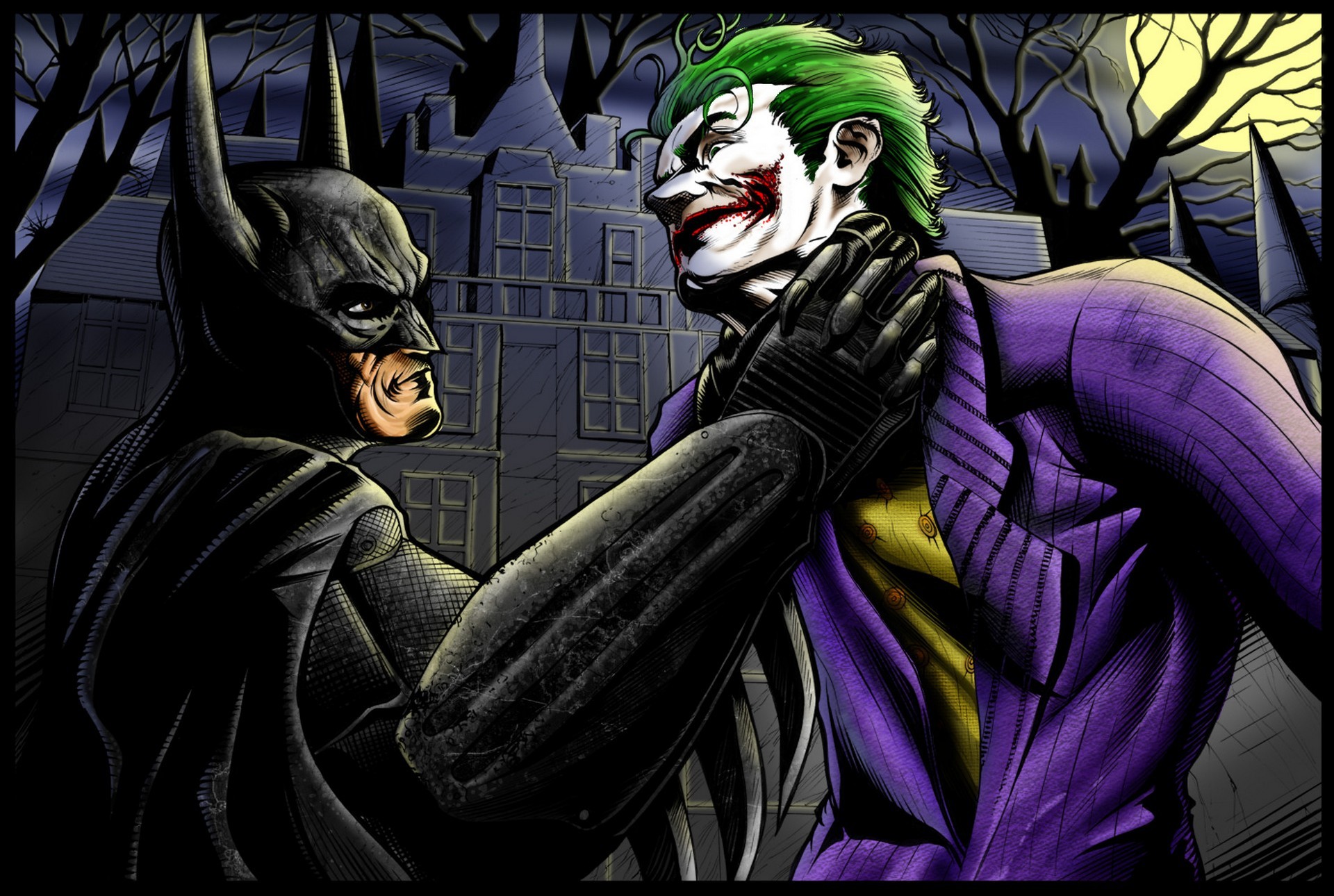 fond d'écran batman et joker,personnage fictif,joker,supervillain,homme chauve souris,illustration