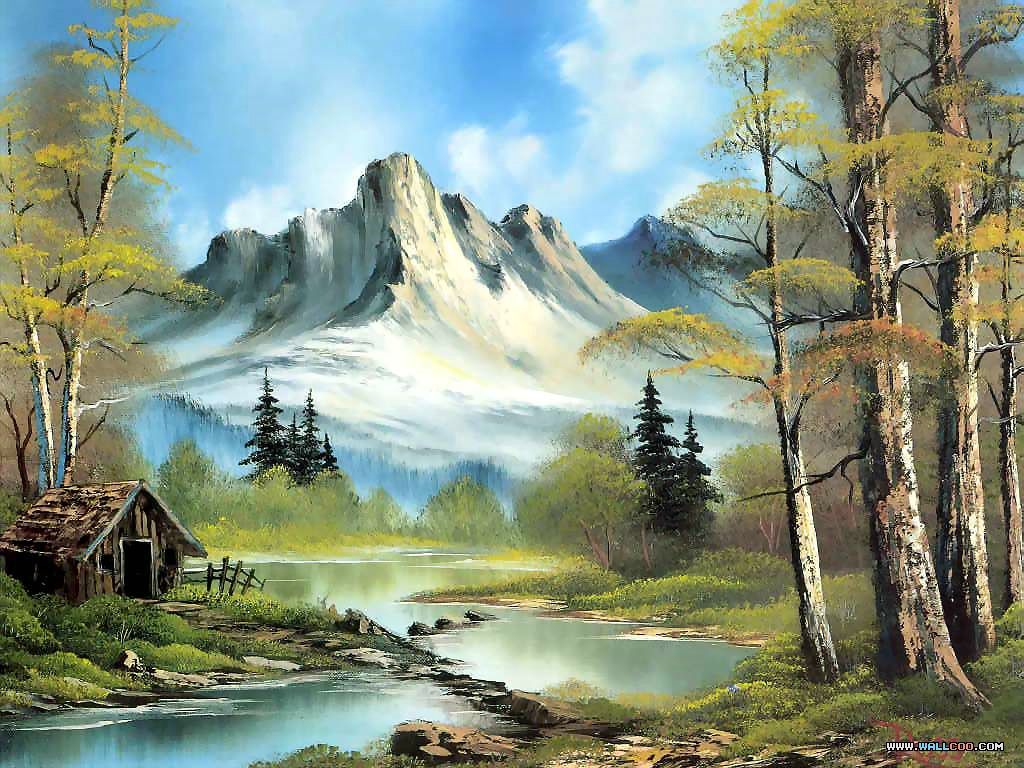 bob ross wallpaper,natural landscape,nature,painting,tree,watercolor paint