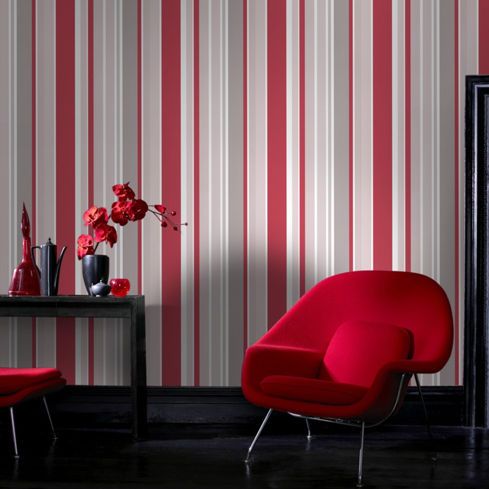 grey and cream striped wallpaper,red,curtain,interior design,window treatment,room