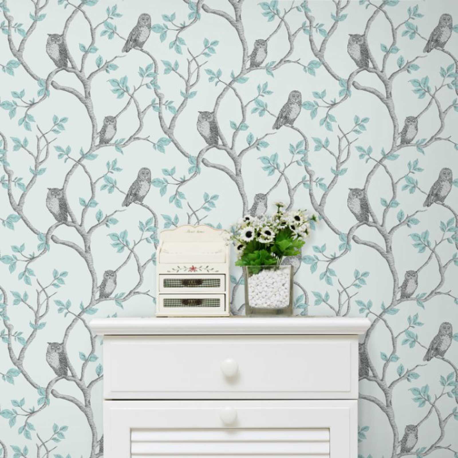 duck egg blue and grey wallpaper,white,wallpaper,green,wall,chest of drawers