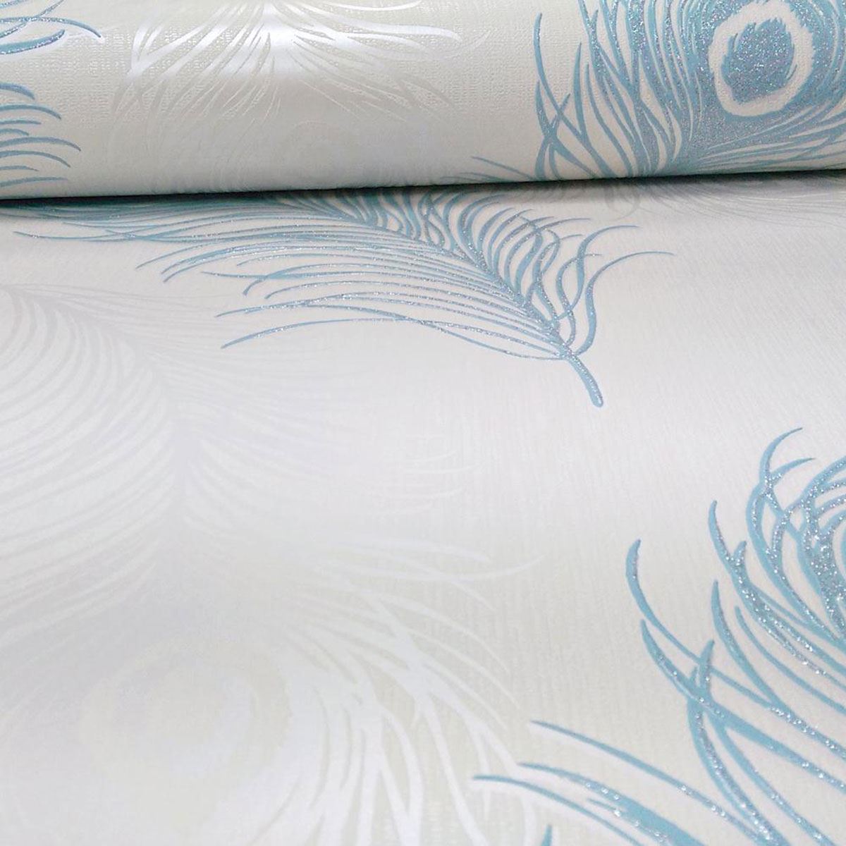 Debona Viola Feather Wallpaper Black Taupe Teal Feature - Peacock