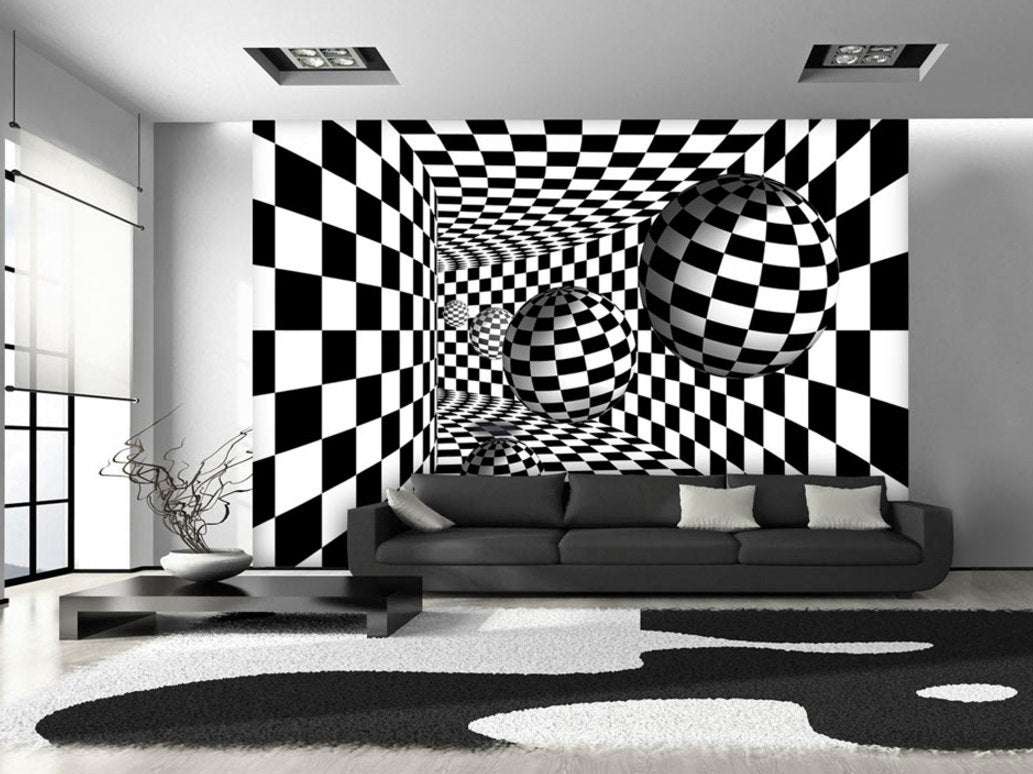 optical illusion wallpaper for walls,black and white,wall,monochrome photography,room,interior design