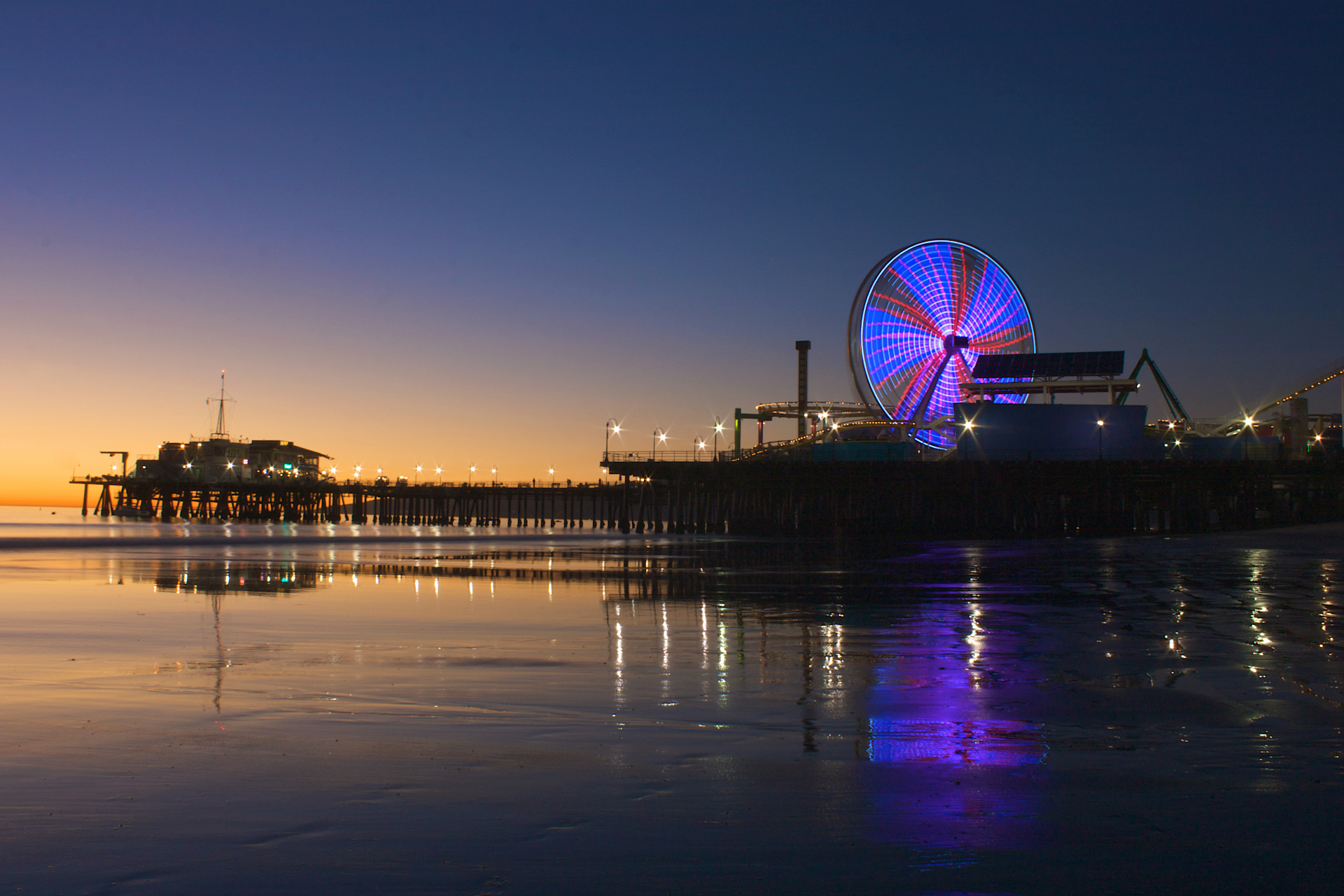 fond d'écran santa monica,grande roue,ciel,réflexion,l'eau,attraction touristique